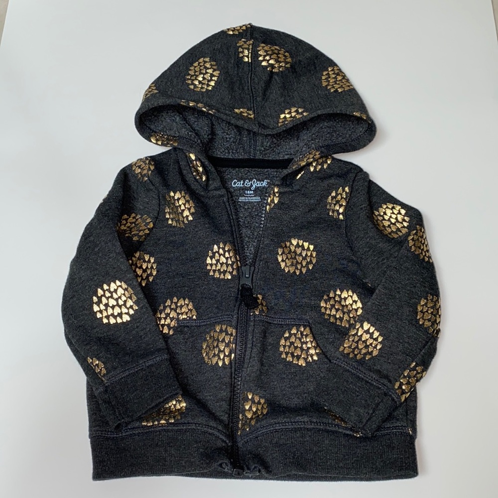 Cat & Jack 18M zip up hooded sweatshirt, dark grey with gold hearts